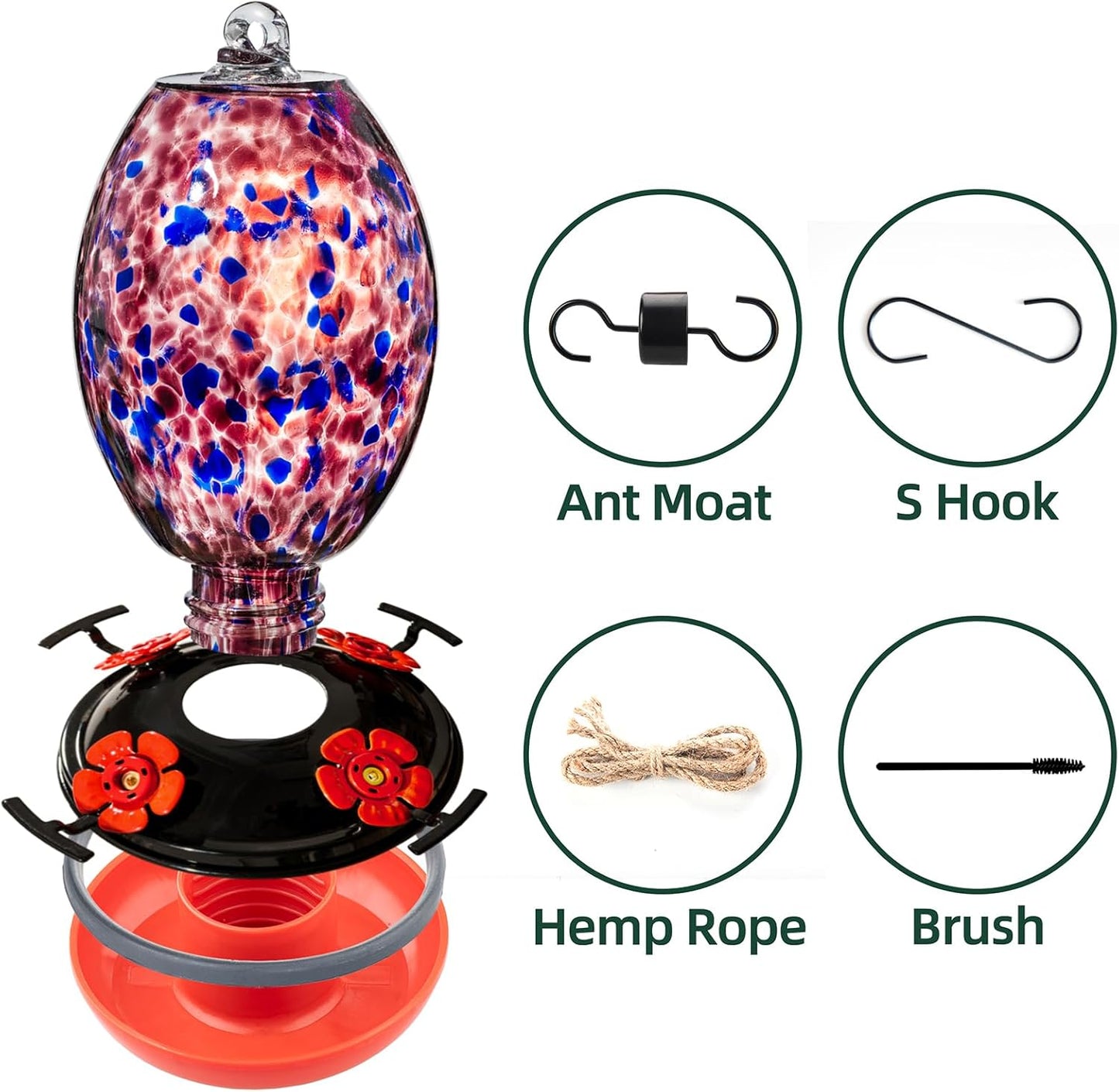 Muse Garden Glass Humming Bird Feeders for Outdoors - 27OZ Blown Glass Hummingbird Feeder - Unique Gift for Mom Women Grandparents, Outdoors Hanging Garden Decor, Includes Ant Moat & Brush, Purple