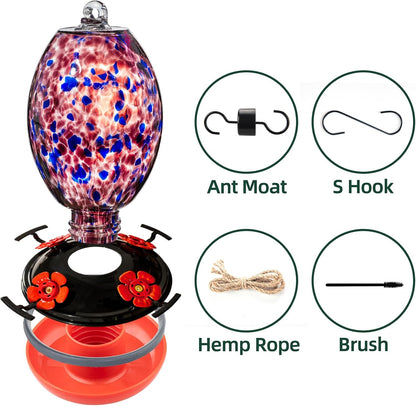 Muse Garden Glass Humming Bird Feeders for Outdoors - 27OZ Blown Glass Hummingbird Feeder - Unique Gift for Mom Women Grandparents, Outdoors Hanging Garden Decor, Includes Ant Moat & Brush, Purple
