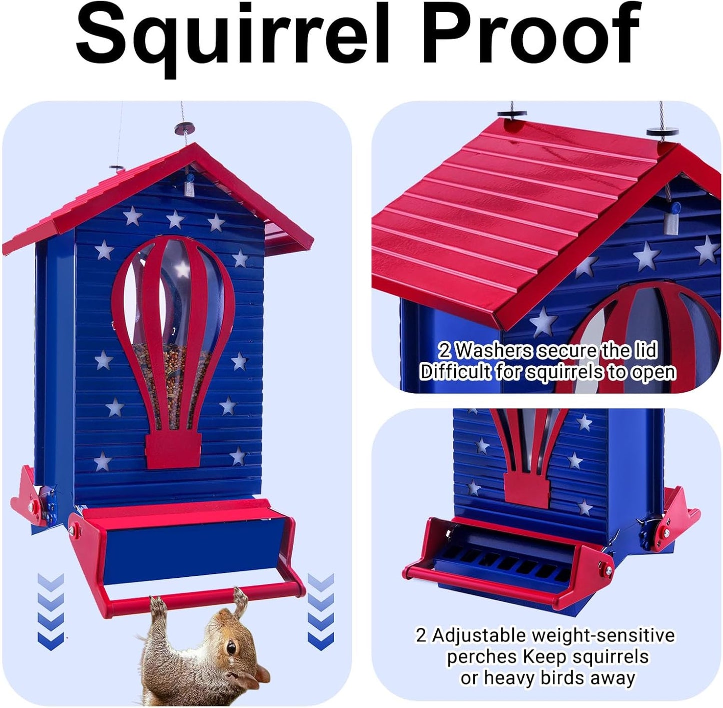 Squirrel Proof Bird Feeder, Metal Bird Seed House Feeders for Outdoors Weight -Activated Protection, Water Proof, 5 lbs Large Capacity Anit Squirrel for Outside Cardinal, Chickadee