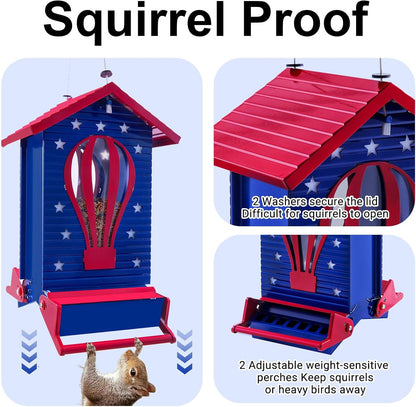 Squirrel Proof Bird Feeder, Metal Bird Seed House Feeders for Outdoors Weight -Activated Protection, Water Proof, 5 lbs Large Capacity Anit Squirrel for Outside Cardinal, Chickadee
