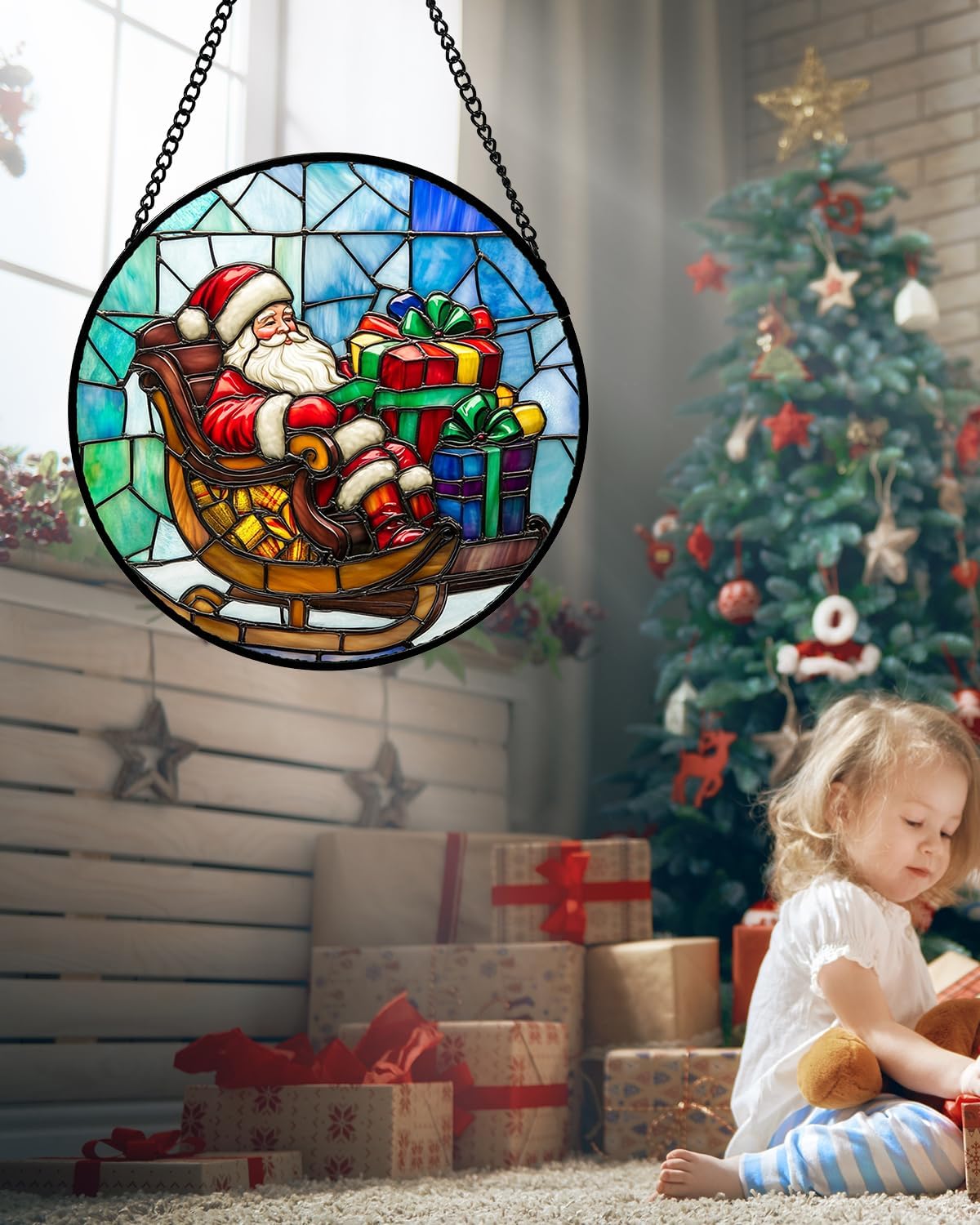 Stained Glass Window Hanging - Santa Claus Gift BoxSuncatcher for Doors Home Christmas Decoration Winter Sun Catcher Thanksgiving New Year Birthday Gift for Women Men Mom Nana 15 in