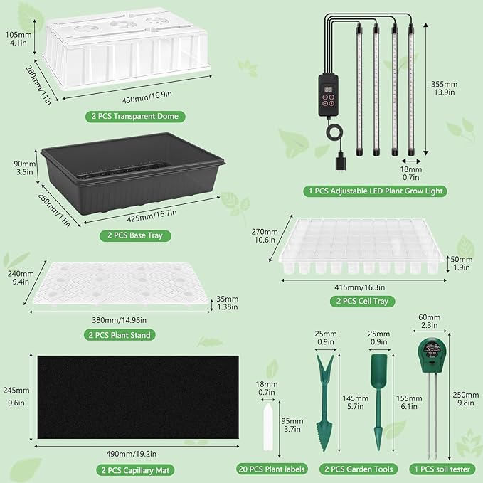 120-Cell Self-Watering Seed Starter Trays with Grow Light, Seed Starter Kit with 3-in-1 Soil Moisture Meter, Indoor Seedling Starter Tray for Plant Germination, Seeds Growing
