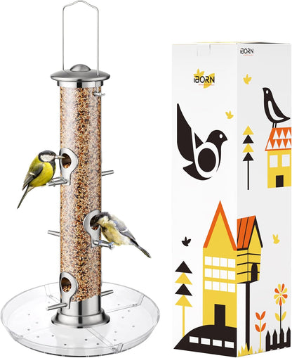 iBorn Bird Feeders Seed Catcher for Outside Hanging 6 Port Bird Feeder for Cardinal Birds Aluminium Metal,Brushed Nickle Finishing 14 Inch 6 Port (Seed is not Included)