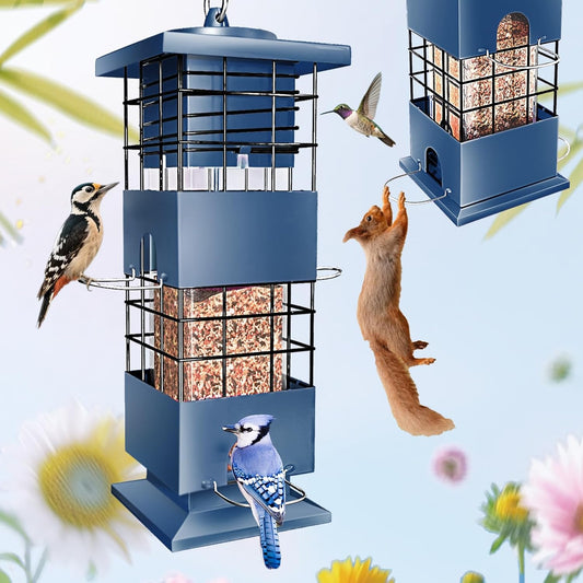 Squirrel Proof Bird Feeder,3Lbs Metal Birdfeeders Squirrel Proof with 4 Feeding Ports forOutdoors Hanging, Birdseed Feeder for Cardinal, Sparrow,Bluejay,Outside (Blue)