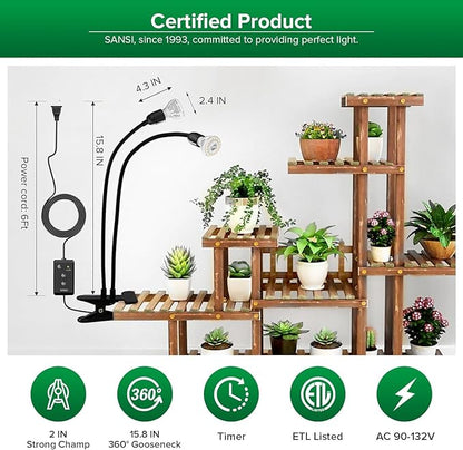 SANSI LED Grow Lights for Indoor Plants, Lifetime Free Bulb Replacement, 300W Full Spectrum Dual Gooseneck Clip Plant Grow Light, Plant Light with Timer 4/8/12 Hrs, High PPFD Growing Power Grow Lamp