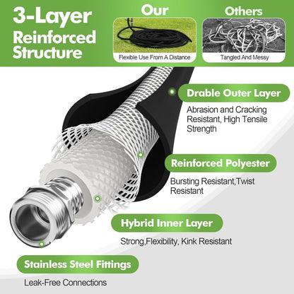 SPECILITE 5/8" Garden Hose 100 ft with High Flow Nozzle, Heavy Duty Flexible Hybrid Rubber Water Hose for Outdoor, Lightweight, Leak-Proof, No-Kink, 3/4"Stainless Steel Fittings,Black