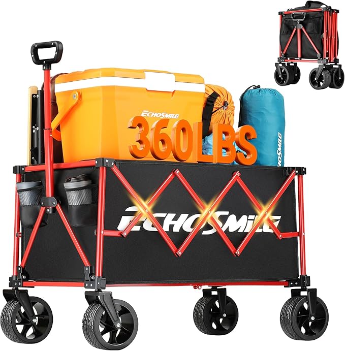 EchoSmile Collapsible Folding Wagon Cart 360lbs, Heavy Duty Garden Utility Cart with All Terrain Wheels, Large Capacity Outdoor Wagon for Camping, Beach, Shopping, Picnic (Black Red)
