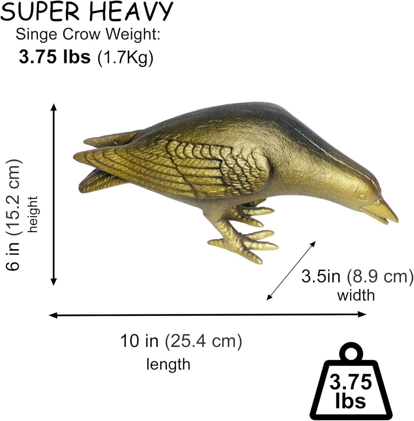 NACH Crow Decor, 10 x 3.5 x 6 inch, Cast Iron Antique Gold Raven Statue, Raven Decor for Outside - Head Down Crow Statue