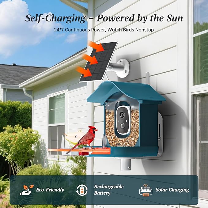 Smart Bird Feeder with Camera, 2K HD AI Identify Birds Species, Bird Watching Camera with Solar Panel, Auto Capture Bi rd Videos & Instant Notifications, Ideal Present for BirdLover