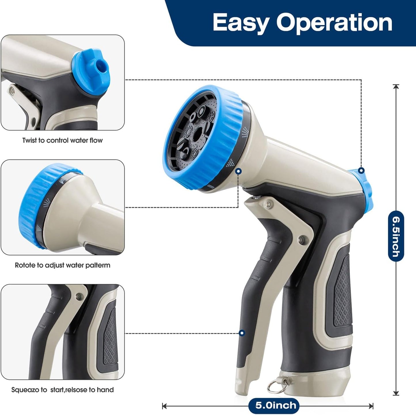 Garden Hose Nozzle - Heavy Duty Metal Water Hose Nozzle, High Pressure Water Nozzle with 9 Adjustable Spray Patterns for Watering Plants, Lawn, Washing Cars, Cleaning & Showering Pets