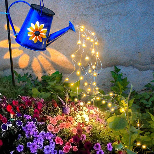 Blue Solar Watering Can with Light,Solar Powered Waterfall Lights 1 Pack 60 LED(Includes Shepherd Hook) for Garden,Yard, Path, Christmas Holiday Decoration