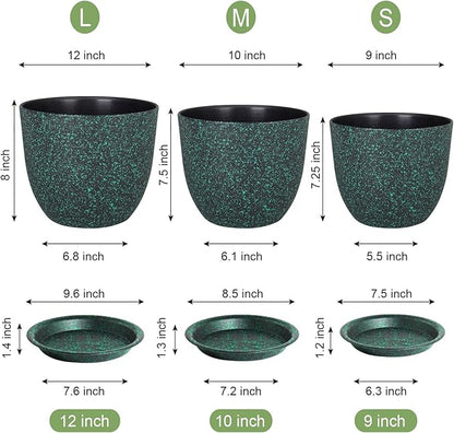 Large Flower Pots 12/10/9 inch, Set of 3 Decorative Plastic Planters with Drainage Holes and Saucers for Garden House Plants, Plant Pots for Indoor Outdoor Plants, Black with Green Speckles