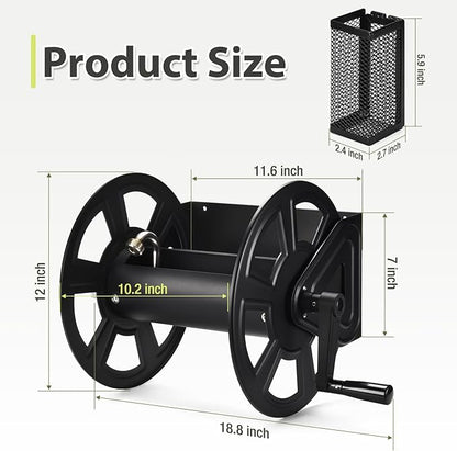 GADFISH Garden Wall Mounted Hose Reel, Metal Hose Reel, Holds 125ft of 5/8-Inch Hose(Not equipped), Equipped with 3.9ft Water Supply Hose and Small Storage Basket, Suitable for Gardens & Yards