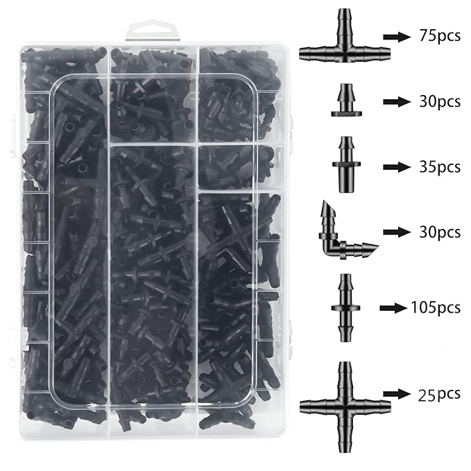 300 Pcs Barbed Connectors Drip Irrigation Fittings Kit, 1/4" Drip Irrigation Kit for Garden Flower Pot Greenhouse Lawn (Straight Barbs,Single Barbs,Tees,Elbows,End Plug,4-Way Coupling)