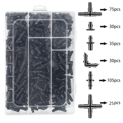 300 Pcs Barbed Connectors Drip Irrigation Fittings Kit, 1/4" Drip Irrigation Kit for Garden Flower Pot Greenhouse Lawn (Straight Barbs,Single Barbs,Tees,Elbows,End Plug,4-Way Coupling)