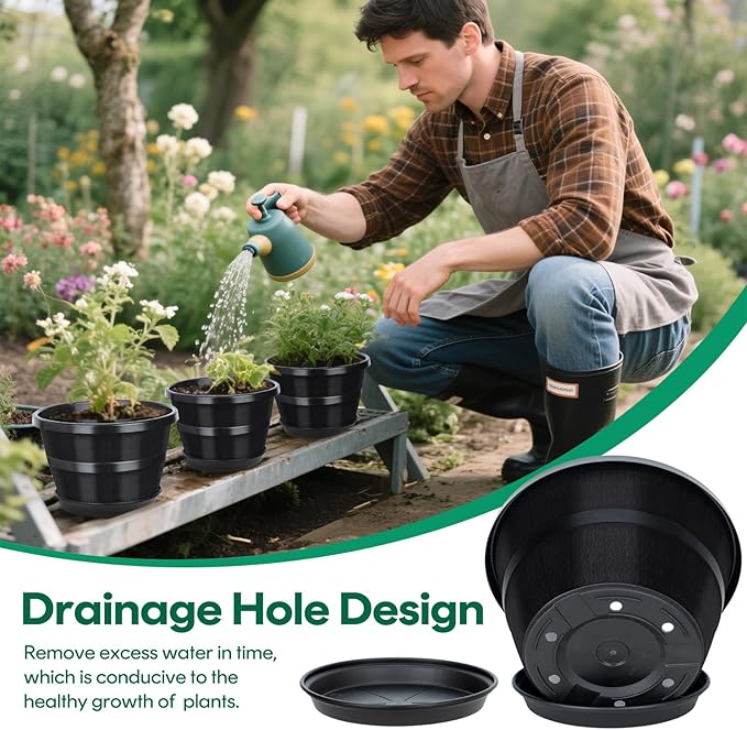 UNEED 10 inch Plant Pots, 4 Pack Plastic Flower Pots with Drainage Holes & Saucers, Retro Outdoor Indoor Garden Planters for Plants, Patio, Lawn Decor (Black)