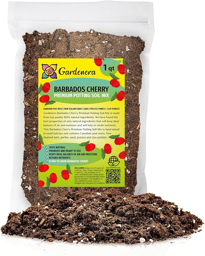 Gardenera Premium Barbados Cherry Plant Potting Mix - Crafted for Flourishing Growth and Tangy Fruits - 1 Quart