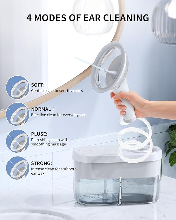 Electric Ear Wax Removal Kit - Water Powered Ear Irrigation System with Sewage Collection, 4 Clean Modes, Safe & Effective, 3 Ear Tips for Adults