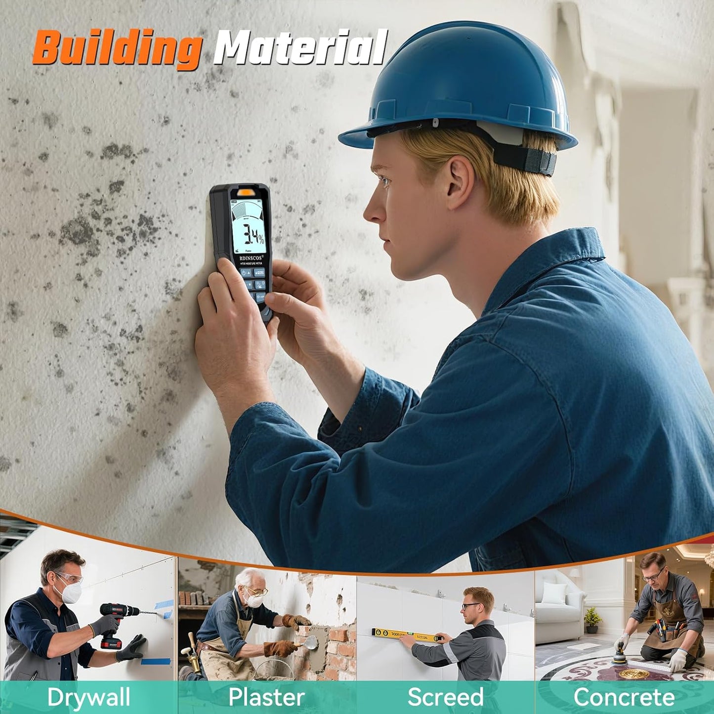 Pinless Moisture Meter for Home Inspection – Non-Destructive Water Leak Detector & Moisture Reader for Basements Walls, Wood, Drywall, Concrete, Masonry – Accurate Moisture Tester with EMF Technology