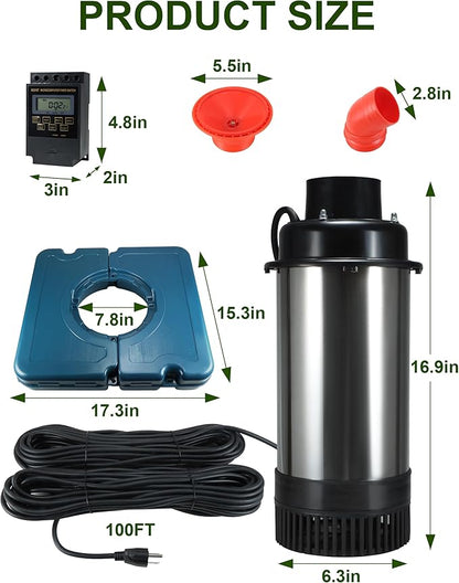 Pond Fountain Aerator 1HP, AS2 750W 15000GPH 110V/120V High Flow Floating Water Fountain Pump With 100ft Power Cord, Stainless Steel Body Aerating Fountains Cascade for Large Small Pond/Lake