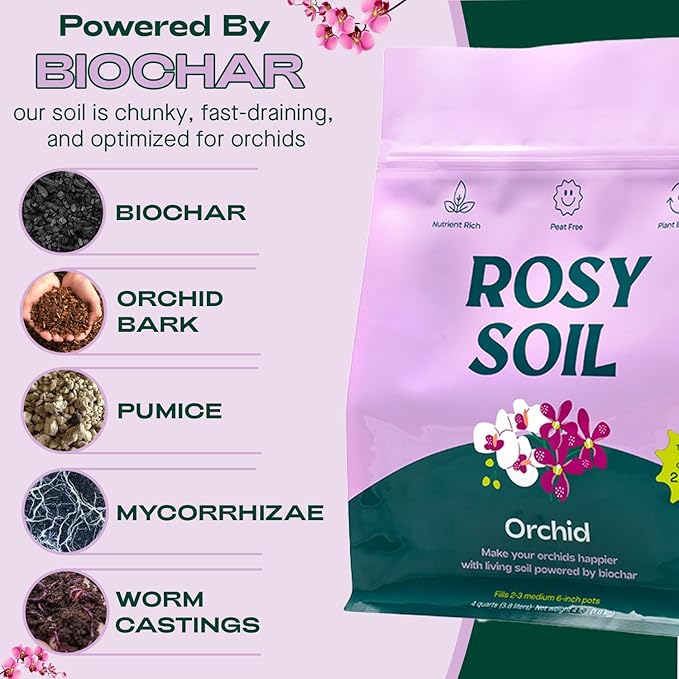 Rosy Soil Orchid Soil Potting Mix - Superior Aeration & Drainage for Orchids - Peat-Free, Microbially Active Biochar Powered Soil for Orchid Plants - Ideal for Indoor Gardening - 4 Quarts