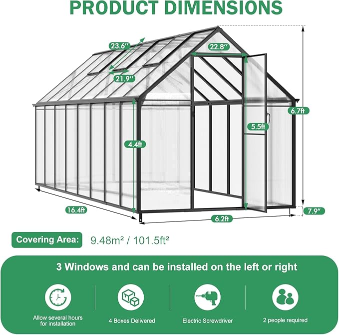 CDCASA 16x6 FT Greenhouse for Outdoors, Easy Assembly Large Aluminum Heavy Duty Polycarbonate Greenhouses Kit w/2 Window, Swing Door, Walk-in Green House for Outsides, Sunroom, Backyard, Garden