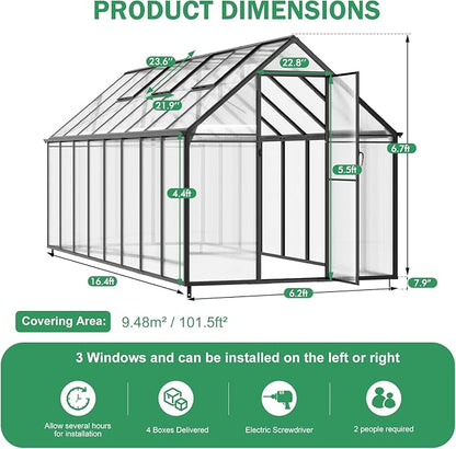 CDCASA 16x6 FT Greenhouse for Outdoors, Easy Assembly Large Aluminum Heavy Duty Polycarbonate Greenhouses Kit w/2 Window, Swing Door, Walk-in Green House for Outsides, Sunroom, Backyard, Garden