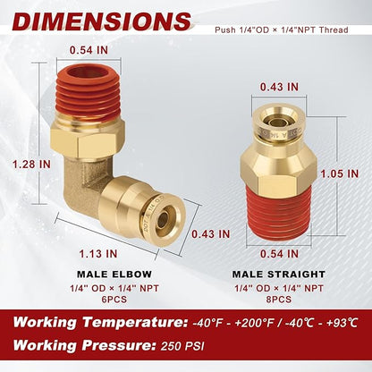 1/4” Quick Push to Connect Fittings Brass Male Straight and Elbow Combination DOT Approved 1/4" Tube OD x 1/4" NPT Thread Air Brake Line Adapter Air Suspension Kit Air Hose Repair Kit 14pcs
