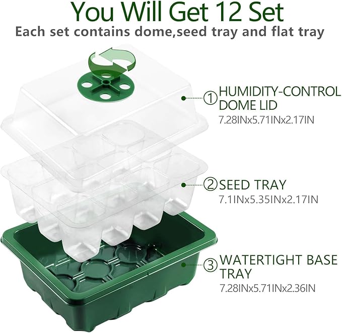 Seed Starter Tray, 12 Set Seedling Kits with Adjustable Humidity Dome, Plant Starter Kit for Seeds Growing Starting (12 Cells per Tray)