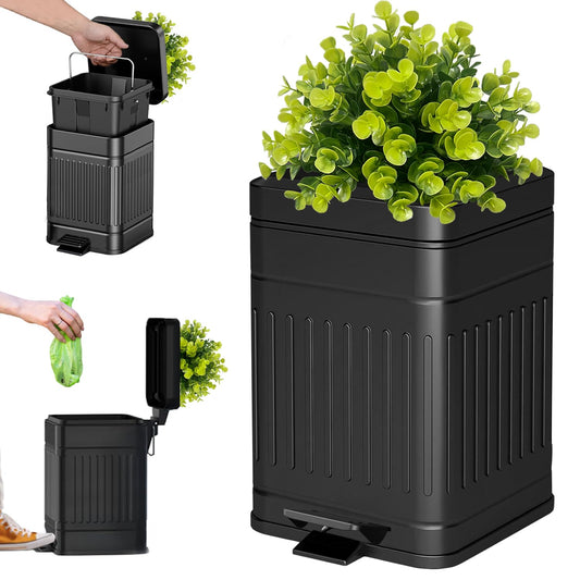 Small Trash Can with Lid, Plant-Styled Outdoor Dog Poop Trash Can Outside, Farmhouse Retro Metal Garbage Can for Bathroom Office, Dog Waste Container with Pedal, Soft Close, 5L/1.3 Gal, Black