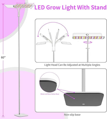 KINGPLUS Grow Lights with Base, Double Head, Full Spectrum LED Grow Light for Indoor Plants, 240 Leds, 4 Dimmable Levels, Timer 4/8/12h, 12-60inches Height Adjustable, 36w, Ideal for Desk Small Plants
