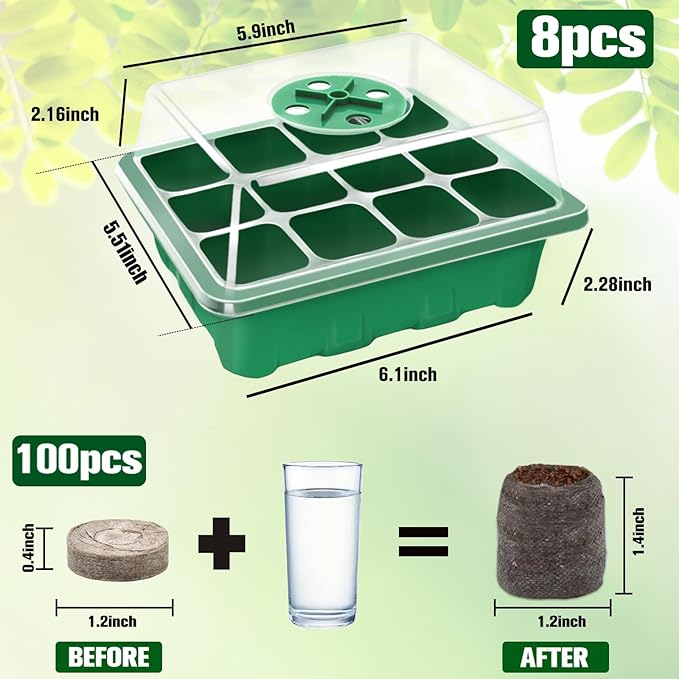 Halatool 8 Pack Seed Starter Tray with 100 PCS Peat Pellets, 96 Cells Green Plant Germination Trays for Organic Seed Starter Soil Pods for Planting Vegetables Plants Flowers Herbs - Starting Seeds Kit