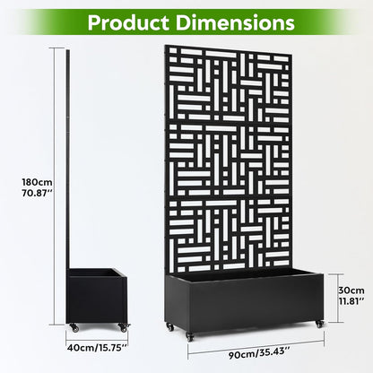 Metal Planter Box with Trellis,71”Raised Garden Bed with Trellis Privacy Screen and Drainage.Wheeled for Patio Flexibility,for Climbing Veggies/Flowers.DIY-Friendly Design