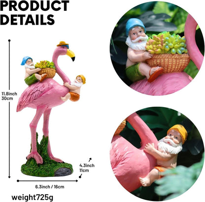 Gnomes Flamingo Garden Statue – Resin Sculpture for Yard, Patio or Lawn Decor – Funny Garden Gnome Gift for Mom, Women, Friends (No Lights)