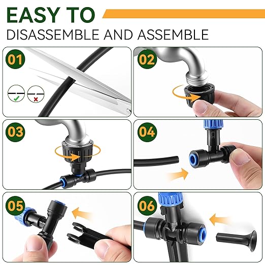 Meonum 65FT Garden Watering System, Quick Connector Drip Irrigation Kit, Hanging Plant Misting System Kit for Greenhouse, Yard, Lawn, Raised Bed with 1/4 inch Blank Tubing and Accessories(1 Pack)