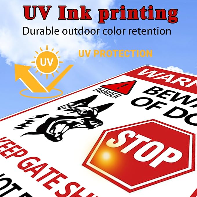 Beware of Dog Sign 2PCS - Beware of Dogs Signs for Fence, Do Not Enter Signs Keep Gate Closed, Stop Danger Warning Reflective Tin Decoration for Garden Yard Wall Metal Decor 11.8x7.9 Inches