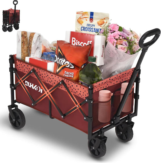 Collapsible Wagon Cart with Wheels Foldable,11 Lbs Lightweight Portable Folding Utility Wagon,90 L Heavy Duty Grocery Shopping Carts,Versatile for Garden Sports Camping Outdoor Use (Brick Dot)