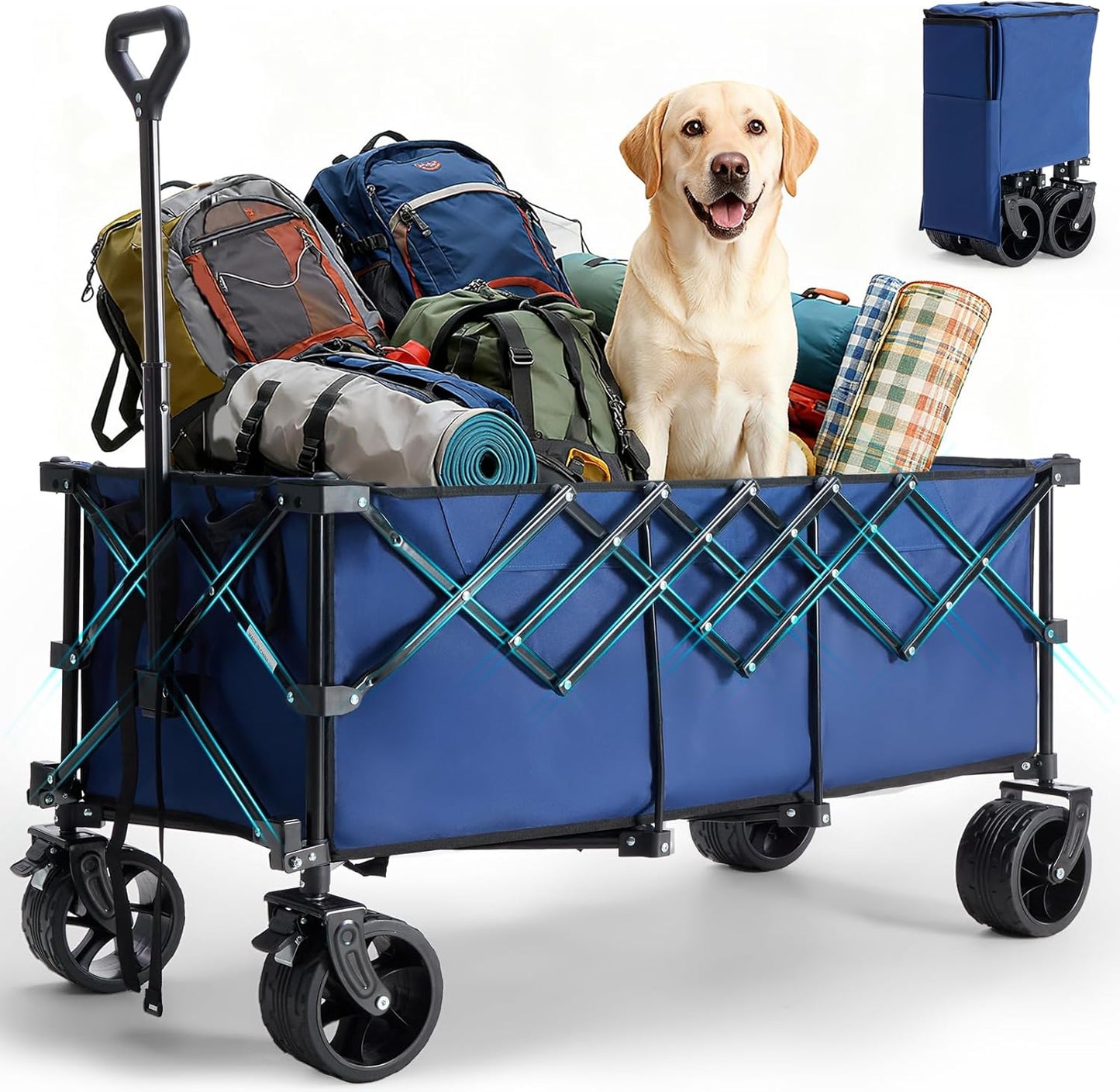 OLIXIS Collapsible Wagon Cart - 440lbs Foldable Extra Long Heavy Duty Utility Wagon with Wheels, Portable Storage Grocery Cart for Camping, Shopping, Sports, Beach, Garden (Blue, 48" L)