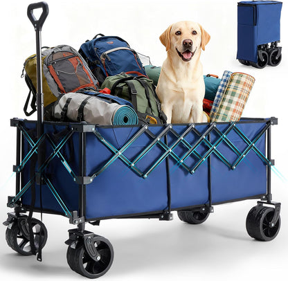 OLIXIS Collapsible Wagon Cart - 440lbs Foldable Extra Long Heavy Duty Utility Wagon with Wheels, Portable Storage Grocery Cart for Camping, Shopping, Sports, Beach, Garden (Blue, 48" L)