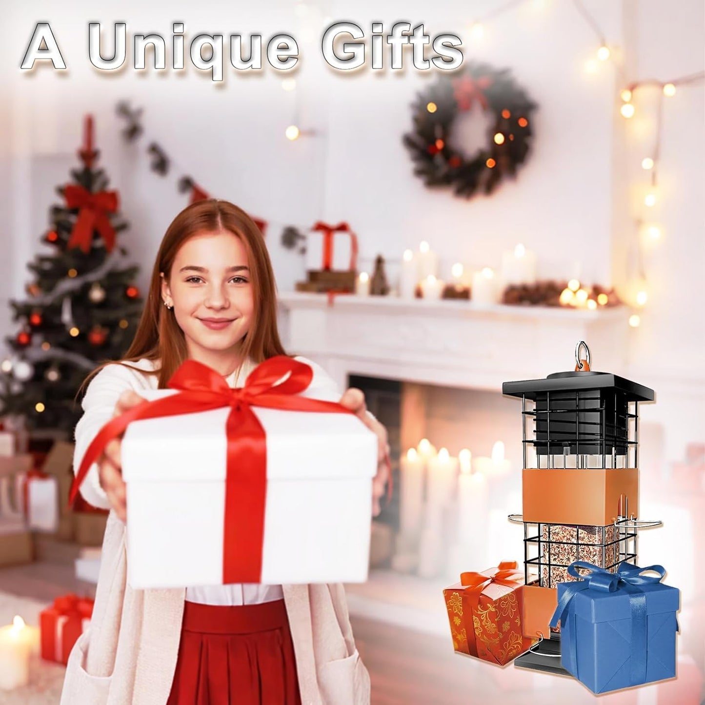 Squirrel Proof Bird Feeders for Outdoors Hanging, Large Capacity 3.5Lbs Bird Feeders with 4 Feeding Ports, Metal Gravity Protection Birds Feeder for Outside, Cardinal, Sparrow, Finch, Brown