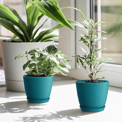 6 inch Plant Pots, 5 Pack Flower Pots with Drainage Holes and Saucers for Indoor Plants, Plastic Planters with Water Ripple for Small Garden House Plants, Nursery Pots for Succulent, Blue Green