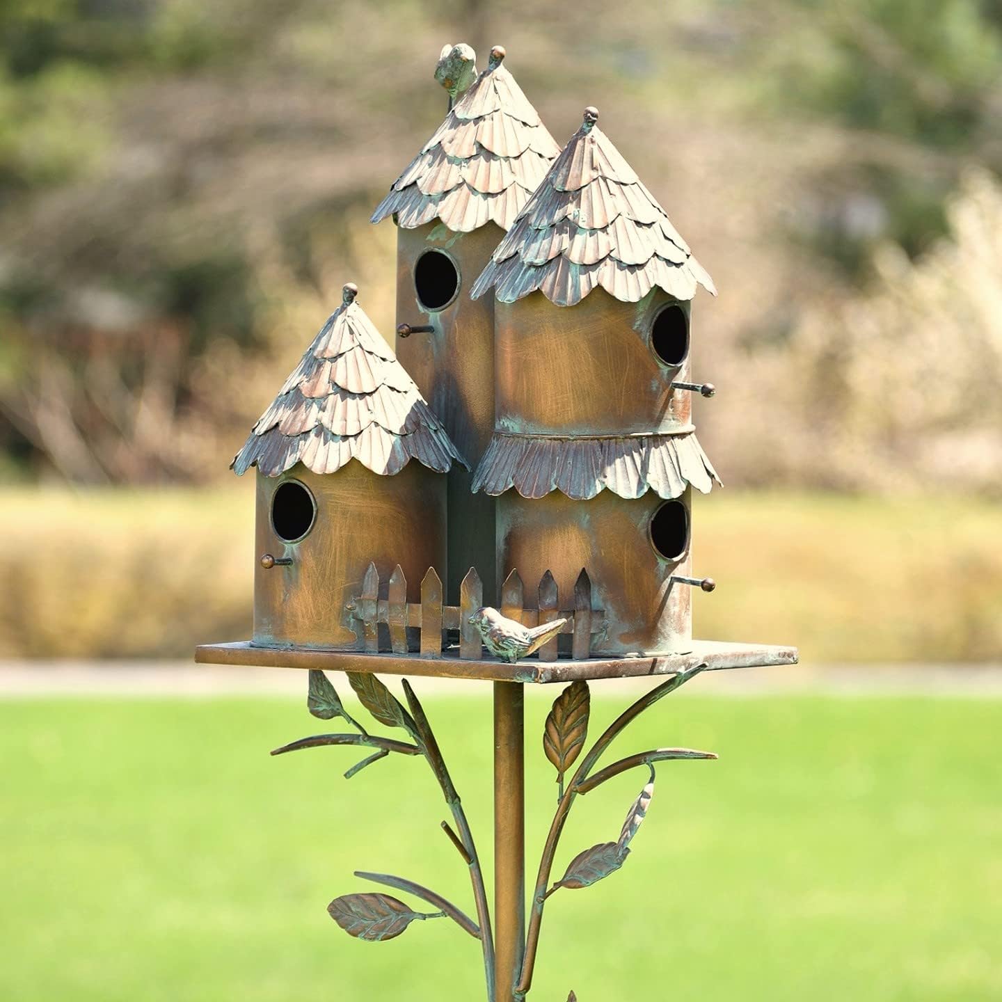 Large Copper Colored Multi-Birdhouse Stakes, Room for 4 Bird Families in Each ASIN: B09QHC67VL (Cylinders with Fence)