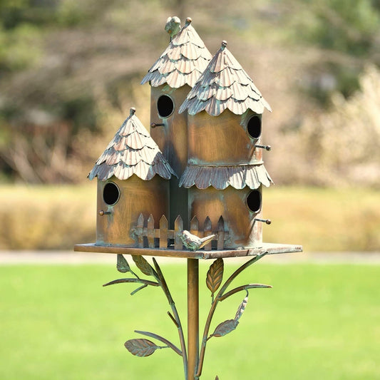 Large Copper Colored Multi-Birdhouse Stakes, Room for 4 Bird Families in Each ASIN: B09QHC67VL (Cylinders with Fence)
