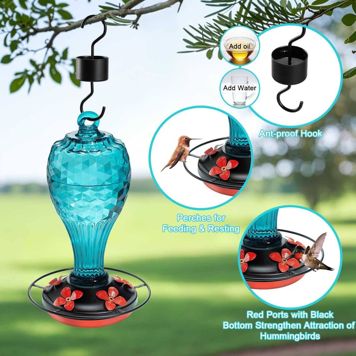 Hummingbird Feeder - Hand Blown Glasss Hummingbird Feeders for Outdoors Hanging with Ant Moat, Never Fade, Garden Backyard Decoration, for Women Mom Dad (Blue)