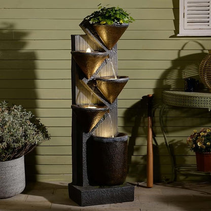 49.6" H Water Fountain Outdoor with LED Lights & Pump, 5-Tier Cascading Outdoor Fountain for Garden,Patio,Porch,Backyard,Home Art Decor (Brown)