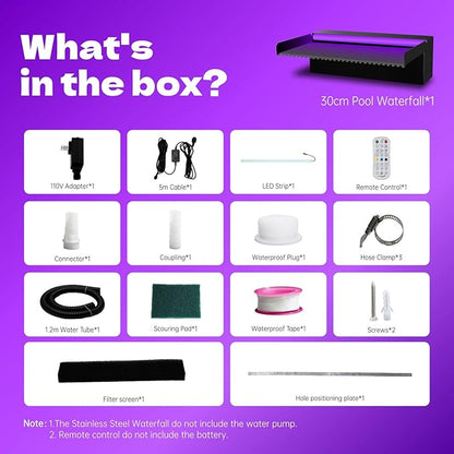 Pool Waterfall Spillway Stainless Steel Pond Fountain, APP Control Colorful LED Lighted Outdoor Black Fountains, Water Flow Spillways Kit for Koi Pond, Swimming Pool, Garden-11.8"x7.8"x3.9"