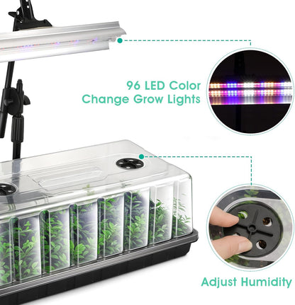 1020 Seed Starter Tray, Seed Starter Kit with Grow Lights, Seedling Trays Kit, 5.9 inch High Humidity Dome, 96 LED Grow Lights for Seedling, Indoor Seedling Starter Kit