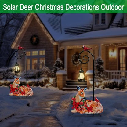Deer Metal Garden Stake with Solar Lantern,Christmas Decorations Outdoor Waterproof Sloar Lights Outside,Doe and Fawn Outdoor Statue