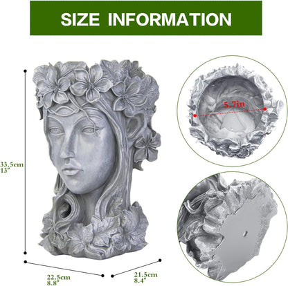 Sungmor Creative Goddess Head Planter Statue for Garden Ornaments | 9×9×14 Inch Premium Resin | Cool Face Large Diameter Flower Pot for Patio Lawn Garden Yard Decor