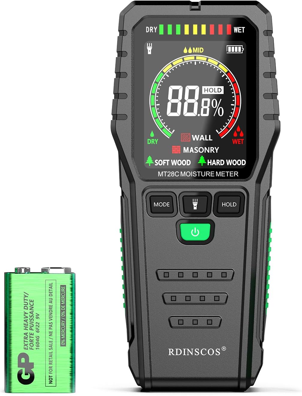 Pinless Moisture Meter for Wood, Floor, Concrete – Digital Moisture Tester with 3-Color LCD Display, Audible Alarm & HOLD Function – Ideal for Firewood, Lumber, Home Inspections (Red_green)